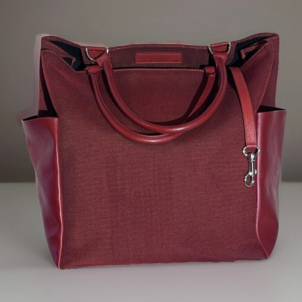 Delvaux Handbag Red Canvas Tote w/Leather Side Pockets Shoulder Bag 2 Handle